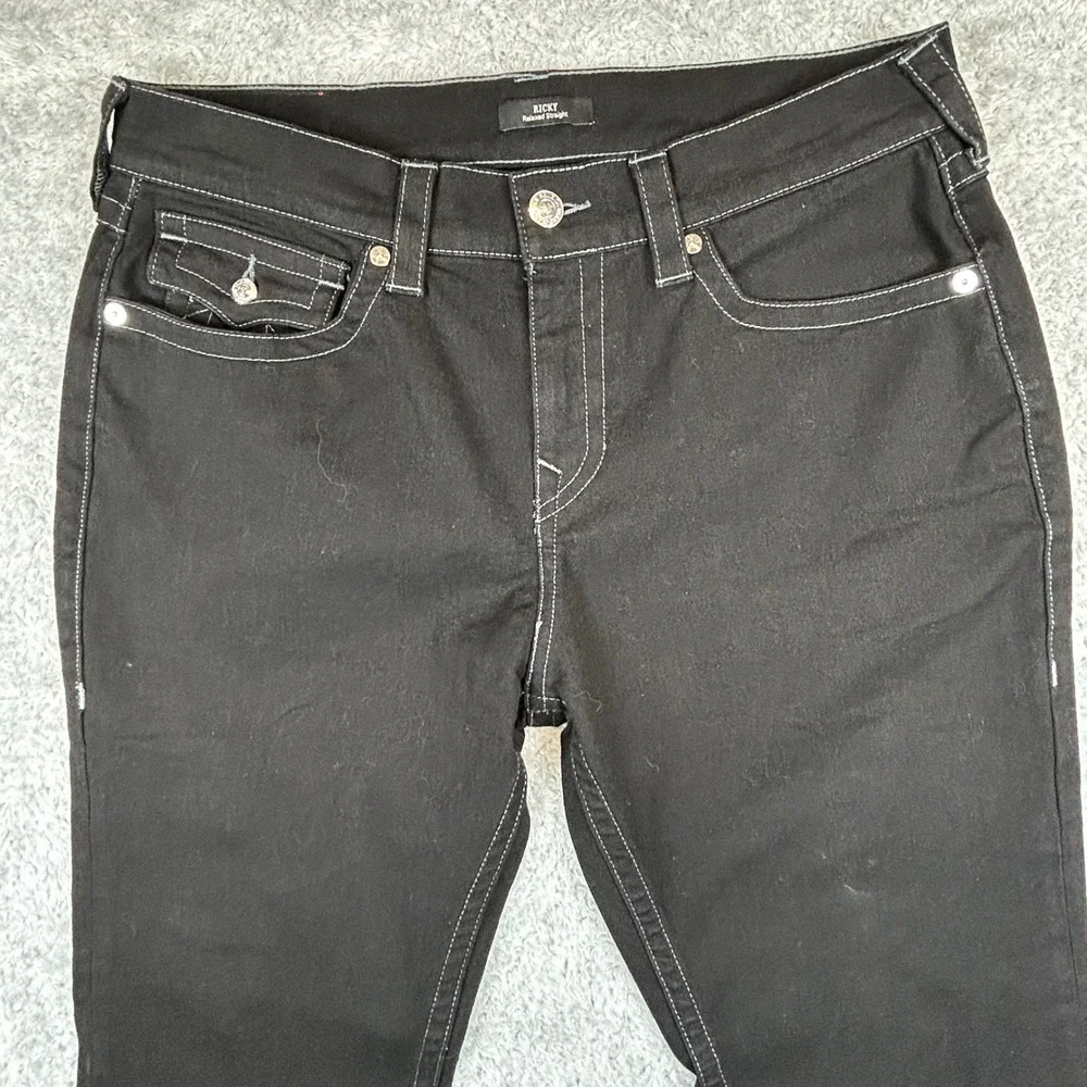 True Religion Ricky Relaxed Straight Black Contrast‎ Stitch Jeans Mens 36x29